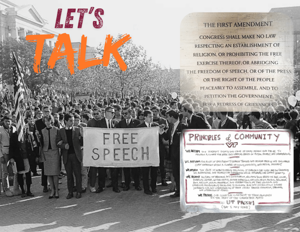 People marching for free speech with the words 'Let's Talk' and images of the 1st Amendment to the U.S. Constitution and Virginia Tech's Principles of Community.